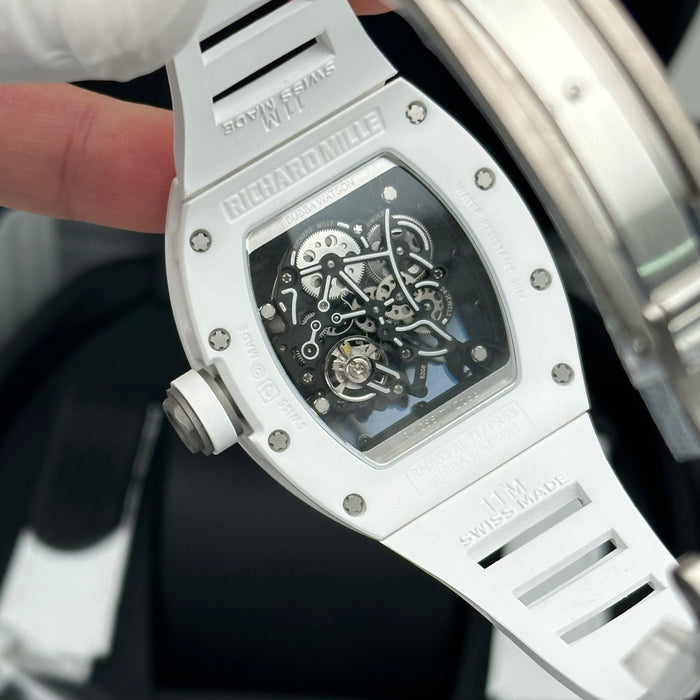 Richard Mille RM055 Bubba Watson Style Skeleton Watch – White Ceramic Case with White Rubber Strap