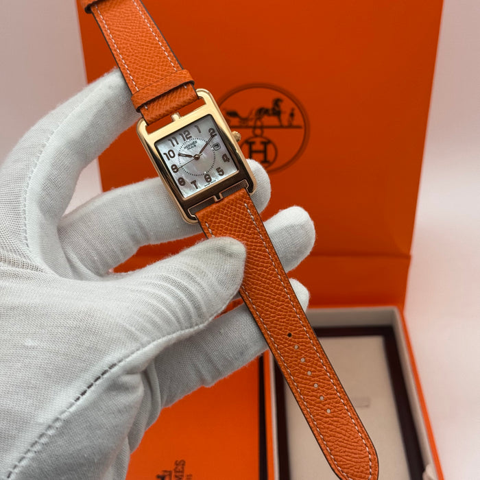 Hermes Cape Cod Gold Case, White Dial With Orange Leather Strap