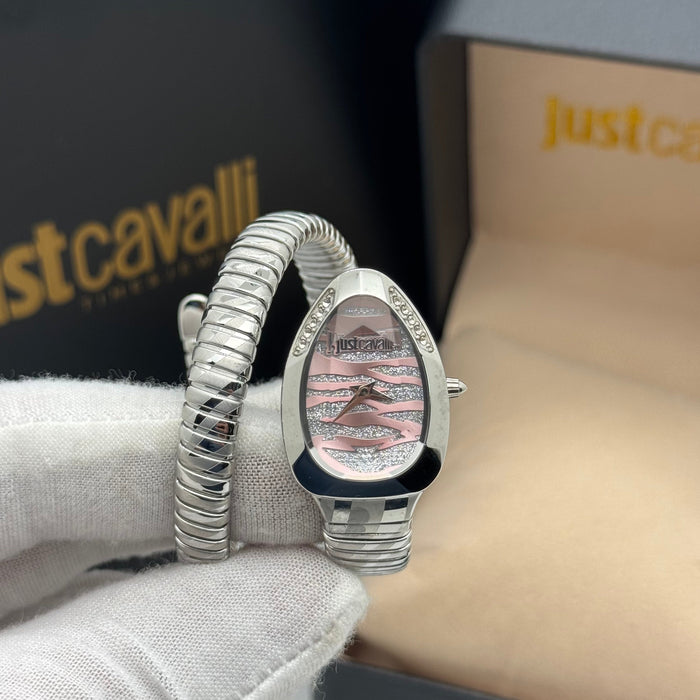 Just Cavalli Women's Silver Snake Coil Watch – Pink Dial with Crystals JC1L225M0015 - Authentic