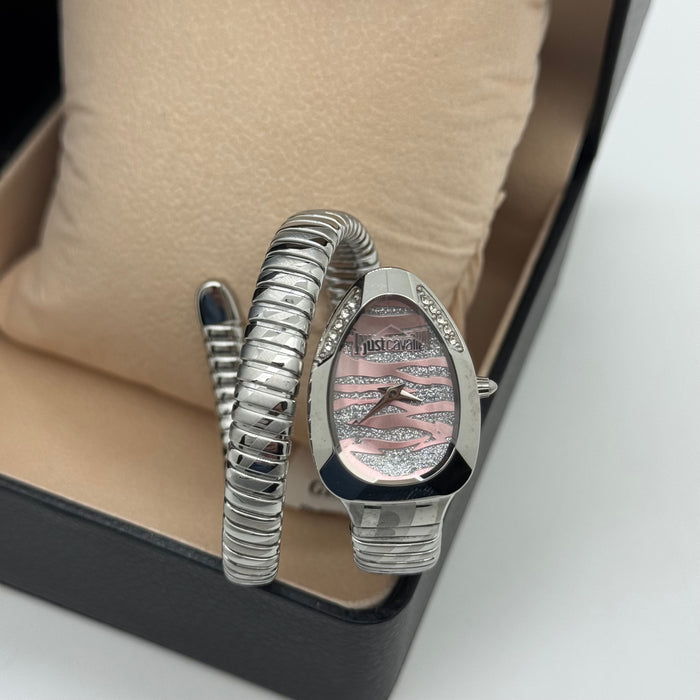 Just Cavalli Women's Silver Snake Coil Watch – Pink Dial with Crystals JC1L225M0015 - Authentic