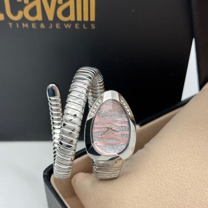 Just Cavalli Women's Silver Snake Coil Watch – Pink Dial with Crystals JC1L225M0015 - Authentic