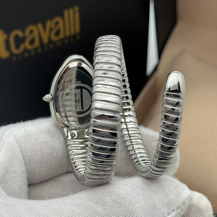 Just Cavalli Women's Silver Snake Coil Watch – Pink Dial with Crystals JC1L225M0015 - Authentic