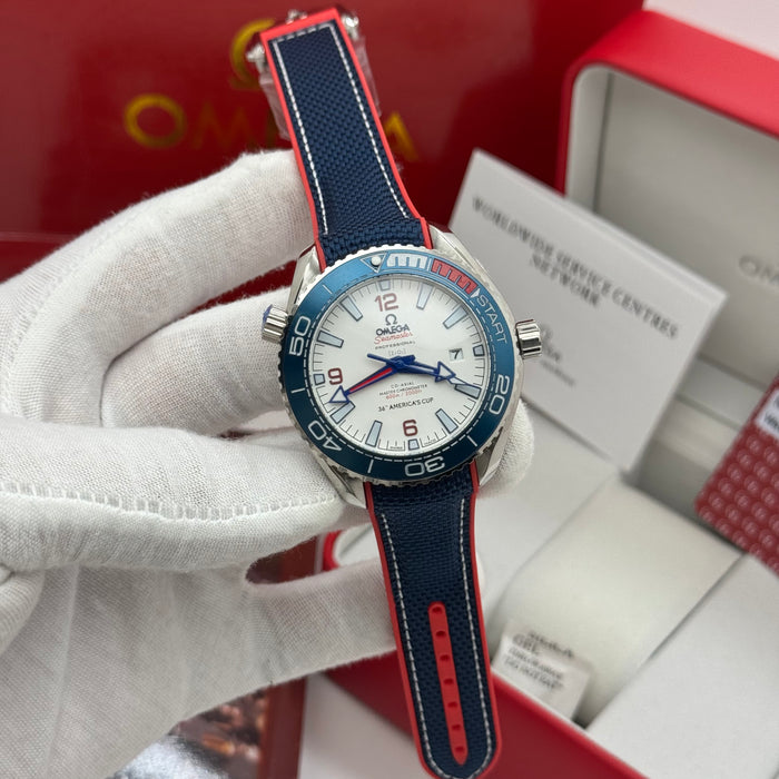 Omega Seamaster Planet Ocean 43.5mm “America’s Cup” Edition – White Dial, Blue Ceramic Bezel