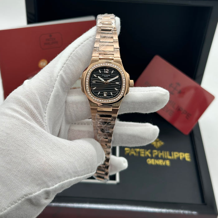 Patek Philippe Nautilus-Style Rose Gold 33MM Watch – Diamond Bezel & Black Dial