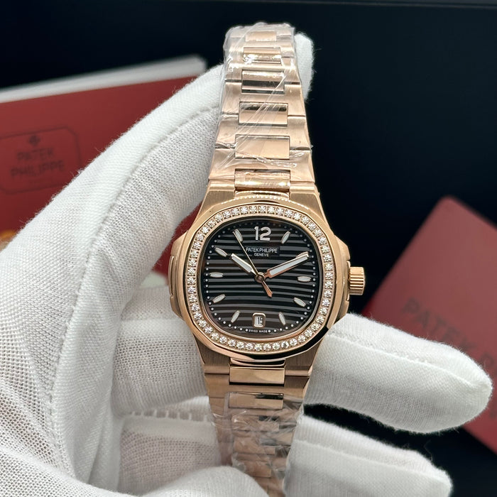 Patek Philippe Nautilus-Style Rose Gold 33MM Watch – Diamond Bezel & Black Dial