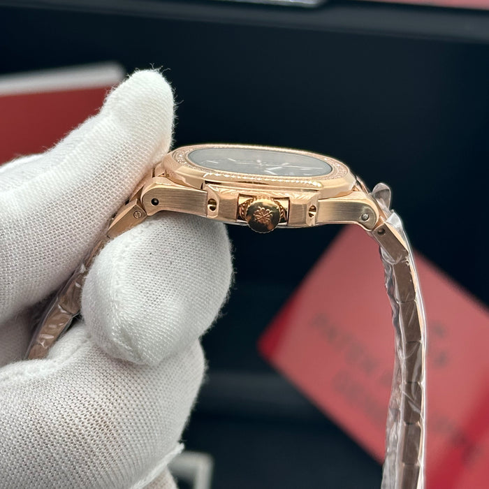Patek Philippe Nautilus-Style Rose Gold 33MM Watch – Diamond Bezel & Black Dial