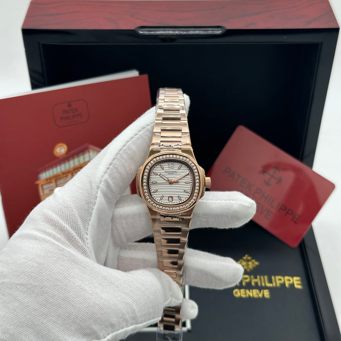 Patek Philippe Nautilus-Style Rose Gold 33MM Watch – White Dial with Diamond Bezel