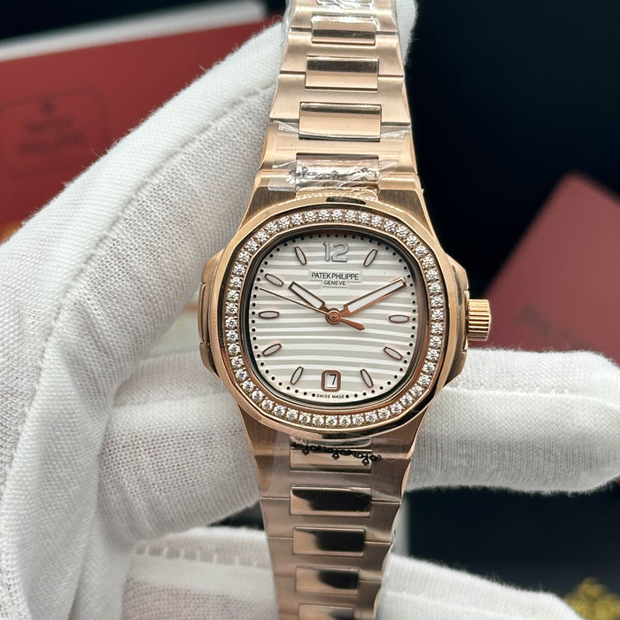 Patek Philippe Nautilus-Style Rose Gold 33MM Watch – White Dial with Diamond Bezel