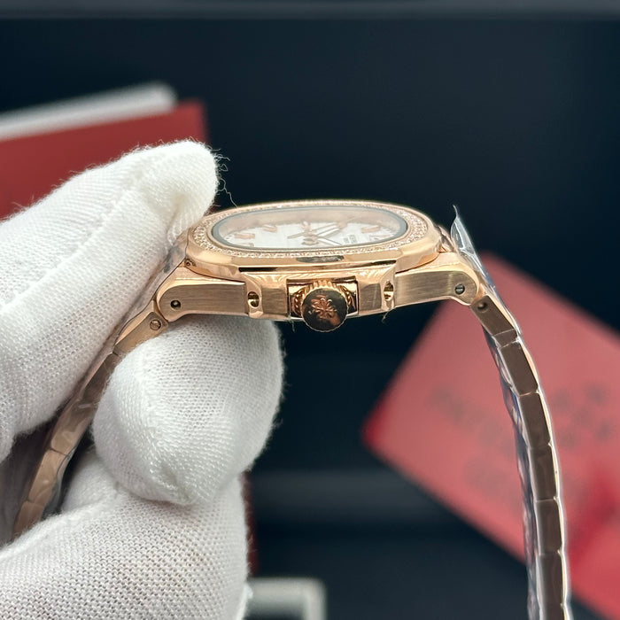 Patek Philippe Nautilus-Style Rose Gold 33MM Watch – White Dial with Diamond Bezel