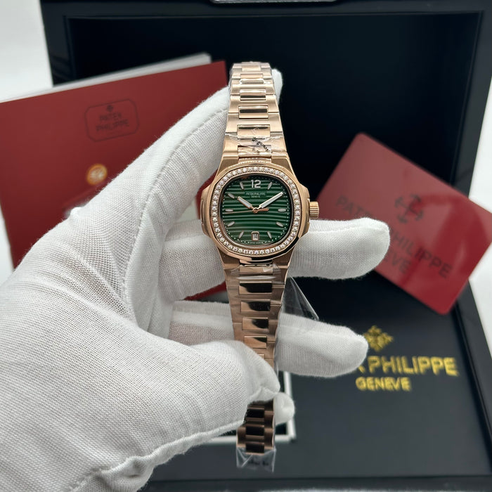 Patek Philippe Nautilus-Style Rose Gold 33MM Watch – Green Dial with Diamond Bezel