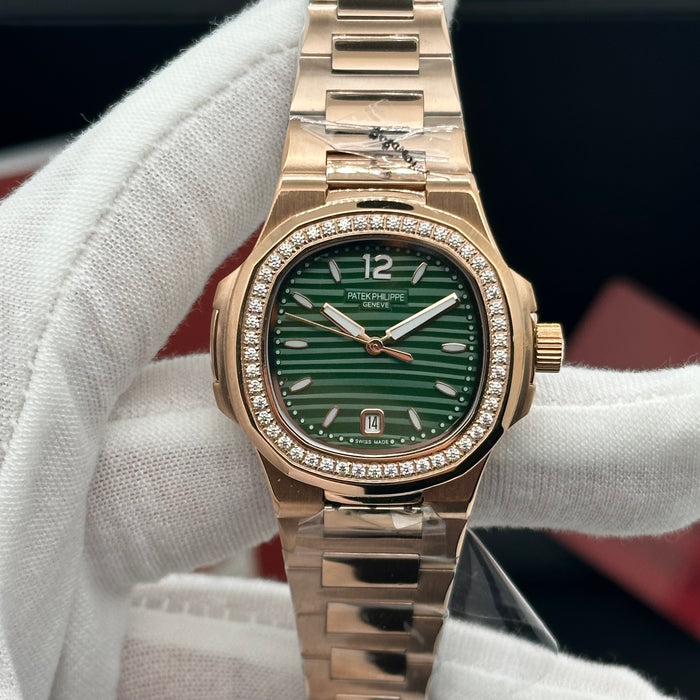 Patek Philippe Nautilus-Style Rose Gold 33MM Watch – Green Dial with Diamond Bezel
