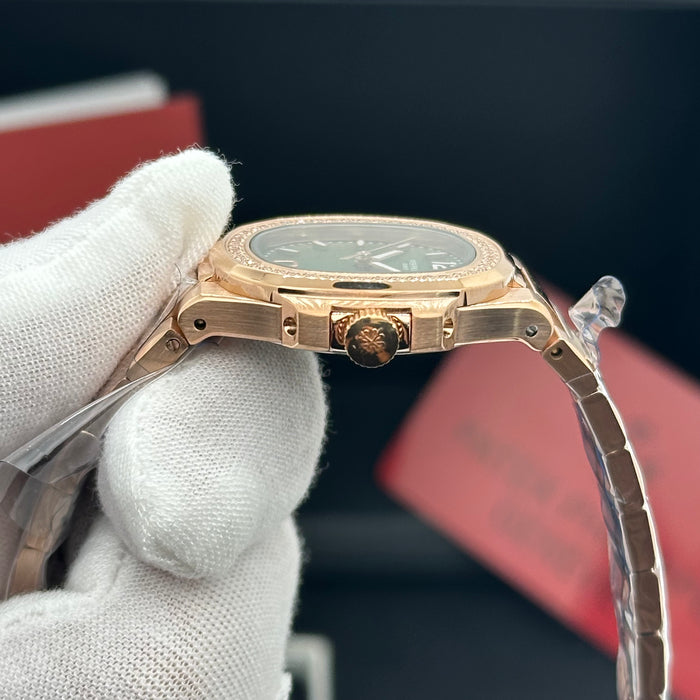 Patek Philippe Nautilus-Style Rose Gold 33MM Watch – Green Dial with Diamond Bezel