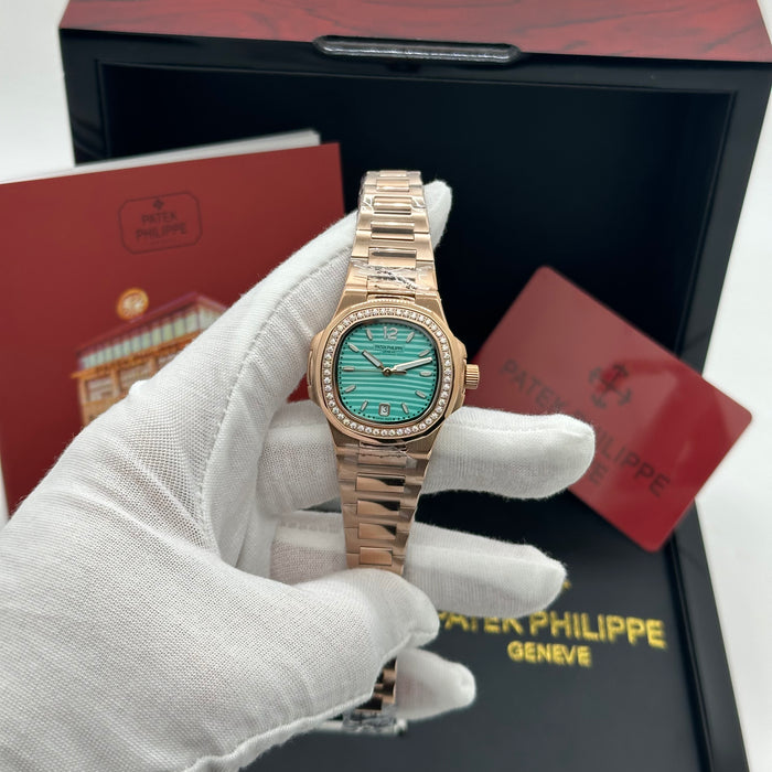Patek Philippe Nautilus-Style Rose Gold 33MM Watch – Tiffany Green Dial & Diamond Bezel