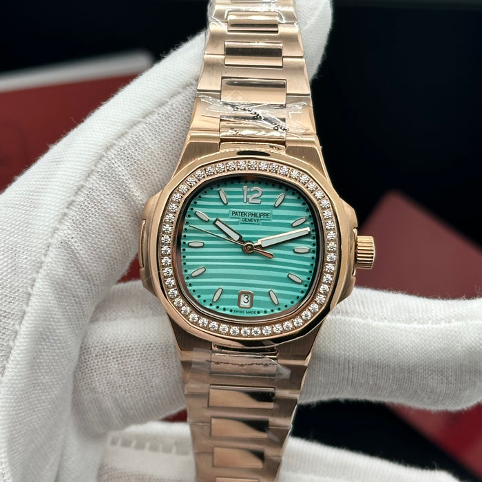 Patek Philippe Nautilus-Style Rose Gold 33MM Watch – Tiffany Green Dial & Diamond Bezel