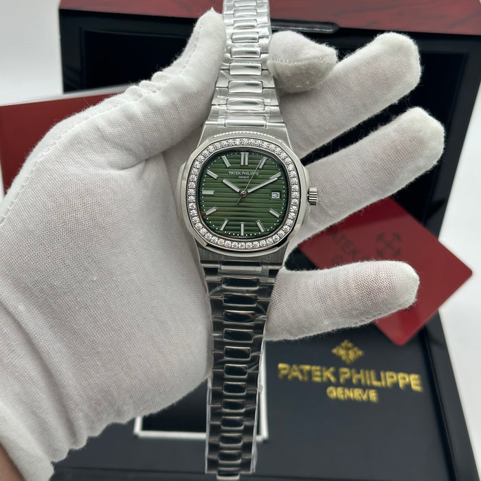 Patek Philippe Nautilus 40MM Diamond Bezel Automatic Watch – Green Textured Dial