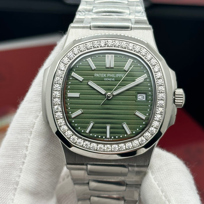 Patek Philippe Nautilus 40MM Diamond Bezel Automatic Watch – Green Textured Dial