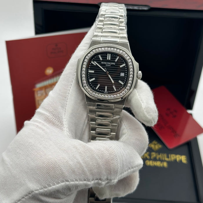 Patek Philippe Nautilus 40MM Diamond Bezel Automatic Watch – Black Textured Dial