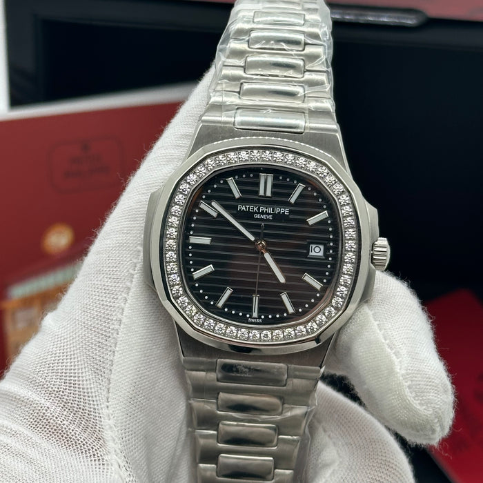 Patek Philippe Nautilus 40MM Diamond Bezel Automatic Watch – Black Textured Dial