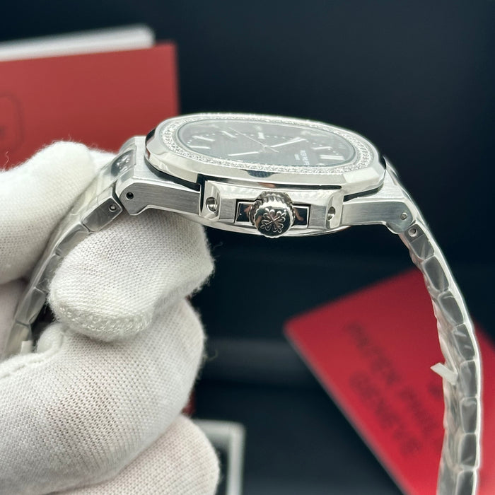 Patek Philippe Nautilus 40MM Diamond Bezel Automatic Watch – Black Textured Dial