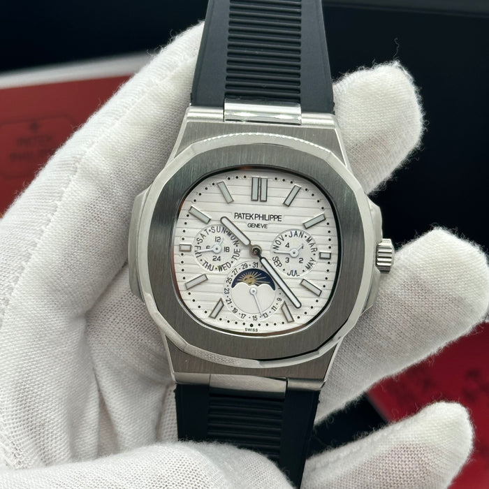 Patek philippe Nautilus Perpetual Calendar MoonPhase - White Dial & Black Rubber Strap
