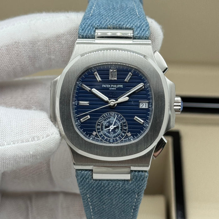 Patek Philippe Nautilus Chronograph – Blue Dial – Denim Strap – Swiss Super Clone