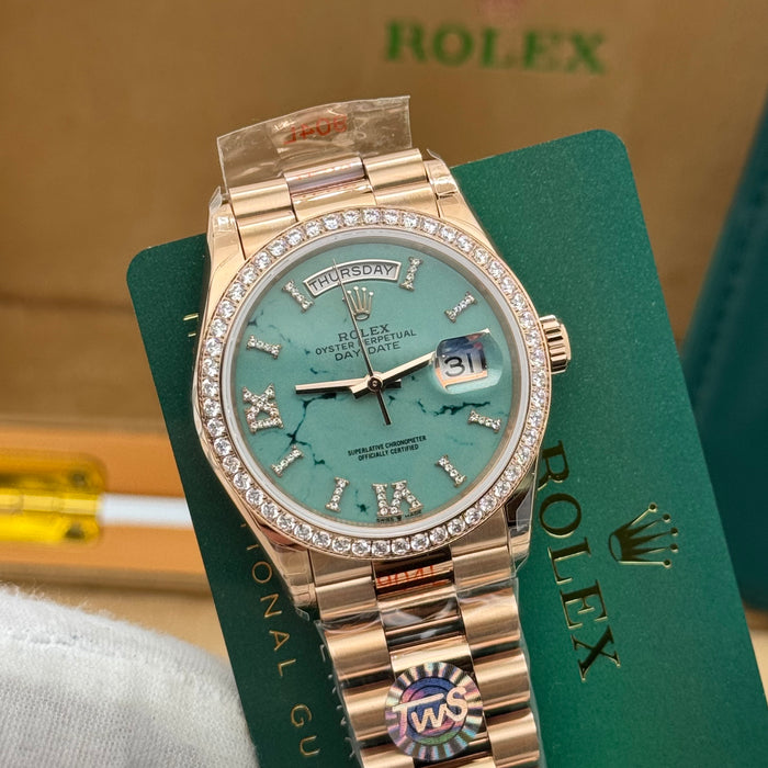 Rolex President Style Automatic Watch – Turquoise Stone Dial – Diamond Bezel