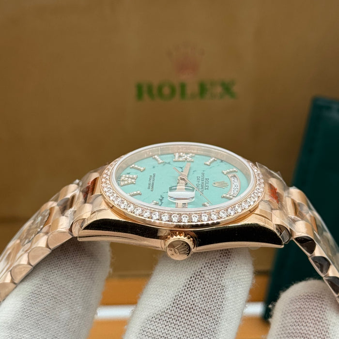 Rolex President Style Automatic Watch – Turquoise Stone Dial – Diamond Bezel
