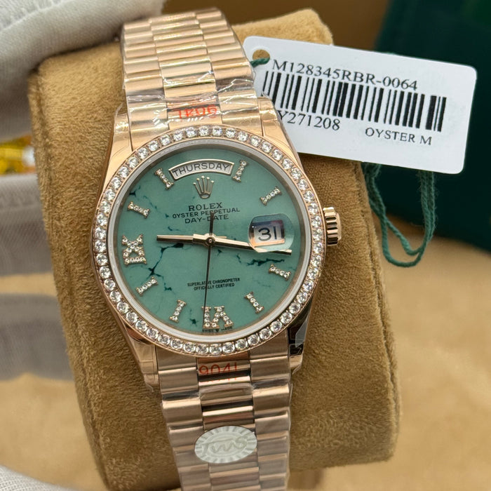 Rolex President Style Automatic Watch – Turquoise Stone Dial – Diamond Bezel