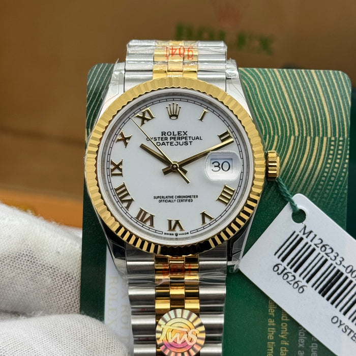 Rolex Date Just 36MM Two-Tone President Watch – White Dial – Gold Fluted Bezel
