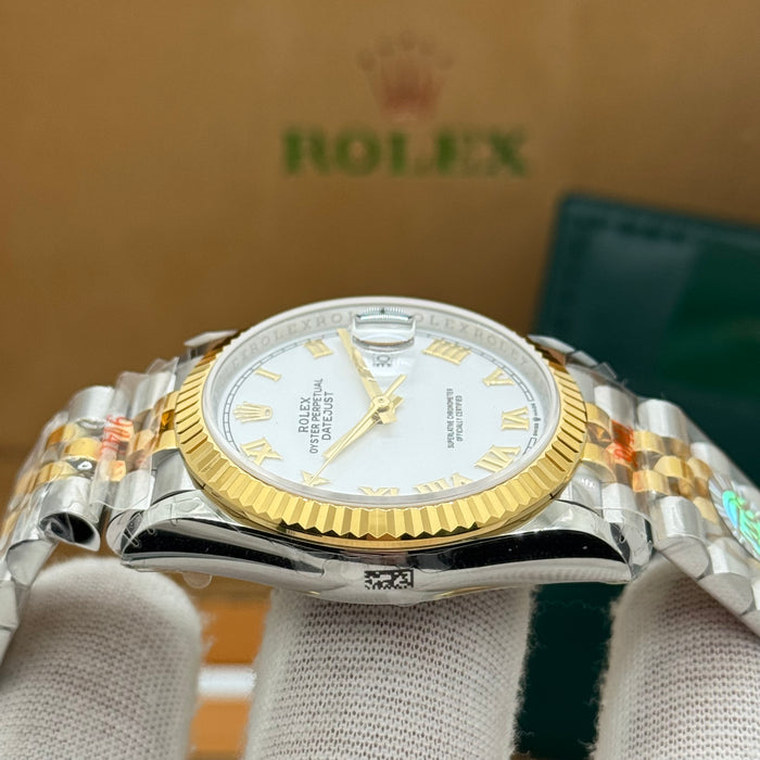 Rolex Date Just 36MM Two-Tone President Watch – White Dial – Gold Fluted Bezel