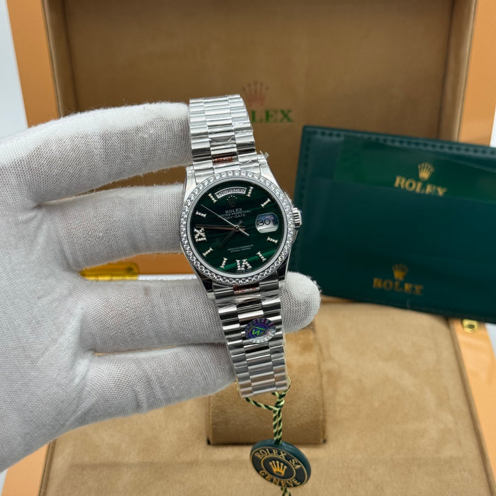 Rolex Day-Date Silver Day-Date Watch – Emerald Green Dial – Diamond Bezel