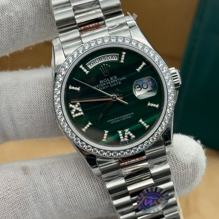 Rolex Day-Date Silver Day-Date Watch – Emerald Green Dial – Diamond Bezel