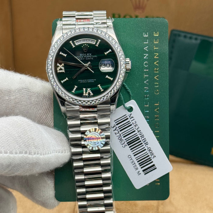 Rolex Day-Date Silver Day-Date Watch – Emerald Green Dial – Diamond Bezel