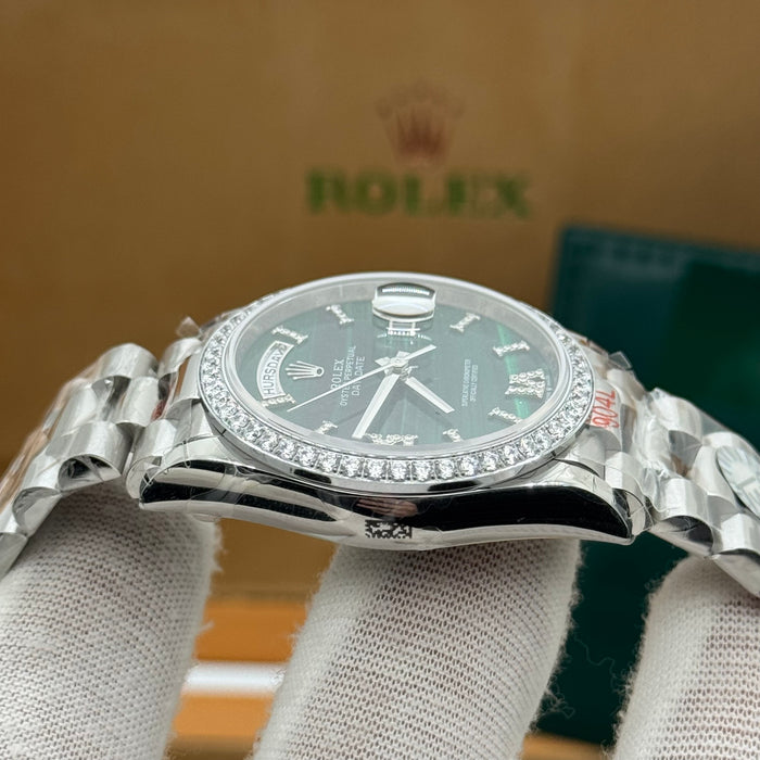 Rolex Day-Date Silver Day-Date Watch – Emerald Green Dial – Diamond Bezel