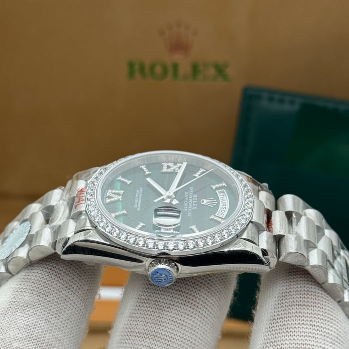 Rolex Day-Date Silver Day-Date Watch – Emerald Green Dial – Diamond Bezel