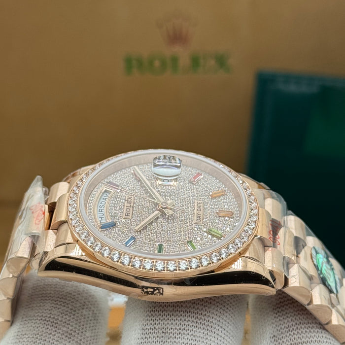 Rolex Day-Date – Rose Gold 36MM / Diamond & Rainbow Markers