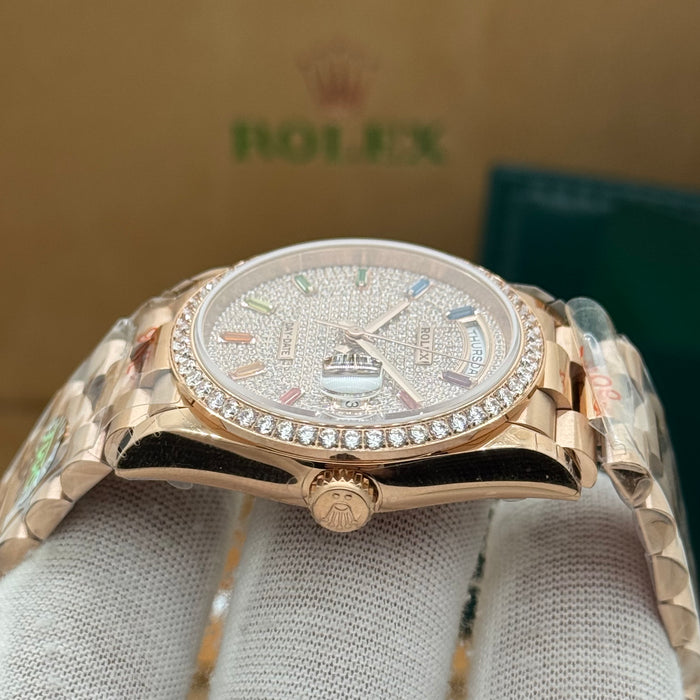 Rolex Day-Date – Rose Gold 36MM / Diamond & Rainbow Markers