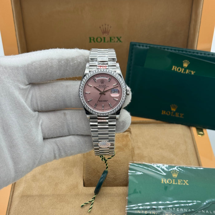Rolex Day-Date 36MM – Pink Dial w/ Diamond Bezel (Silver Tone)