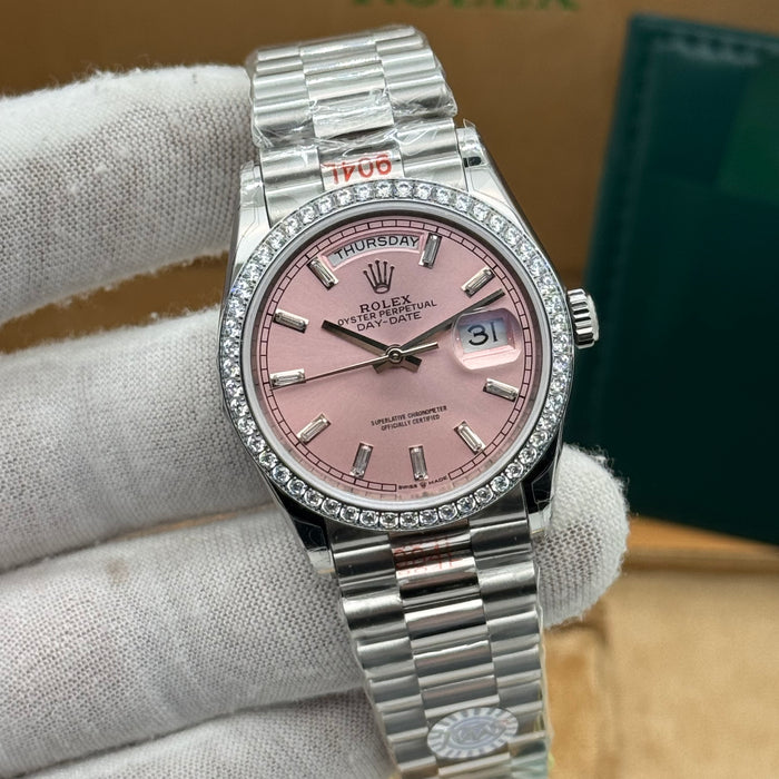 Rolex Day-Date 36MM – Pink Dial w/ Diamond Bezel (Silver Tone)