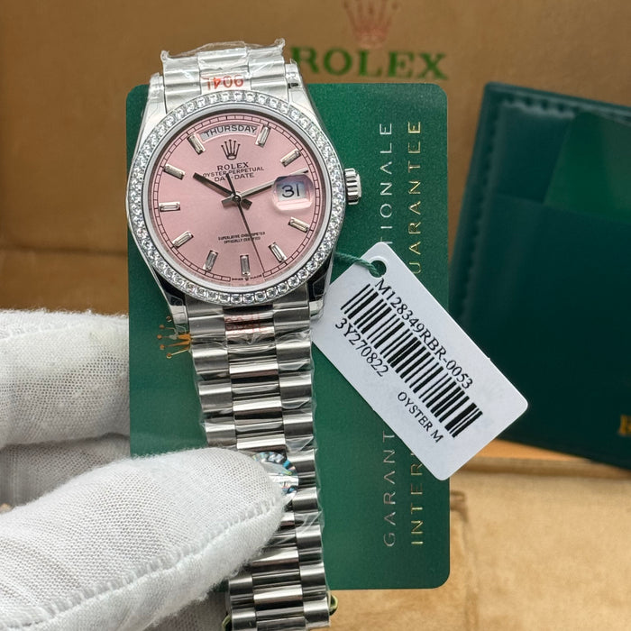 Rolex Day-Date 36MM – Pink Dial w/ Diamond Bezel (Silver Tone)