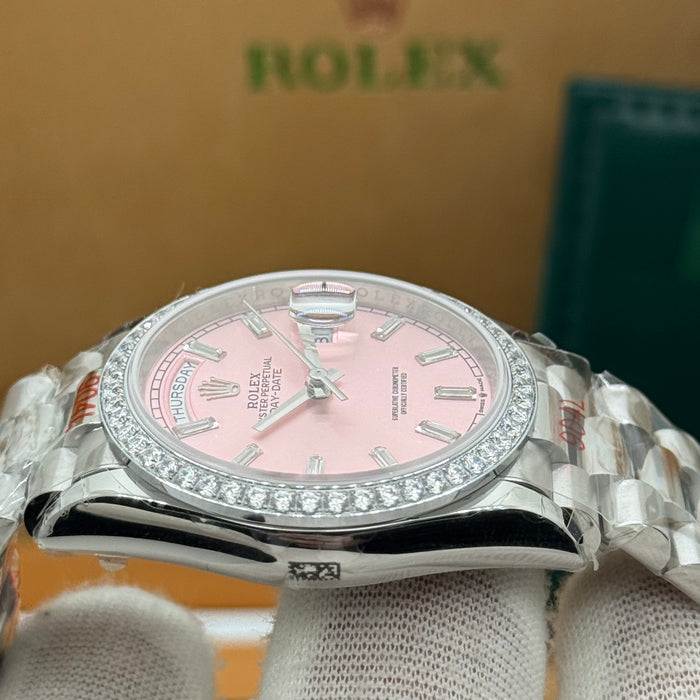 Rolex Day-Date 36MM – Pink Dial w/ Diamond Bezel (Silver Tone)