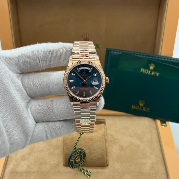 Rose Gold Day-Date 36MM Watch – Blue Dial – Fluted Bezel