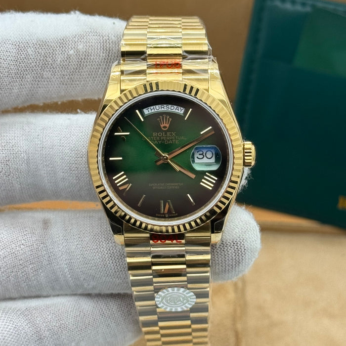 Rolex Day-Date Gold Green Dial 36MM – Fluted Bezel | Swiss Super Clone