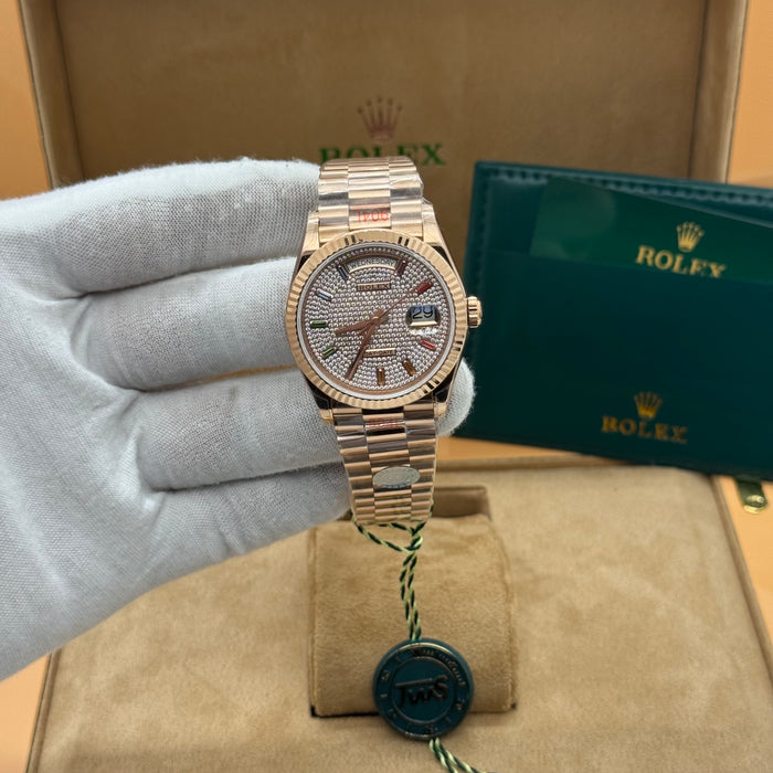 Rolex Day-Date Rose Gold Watch – Full Diamond Pavé Dial – Rainbow Markers