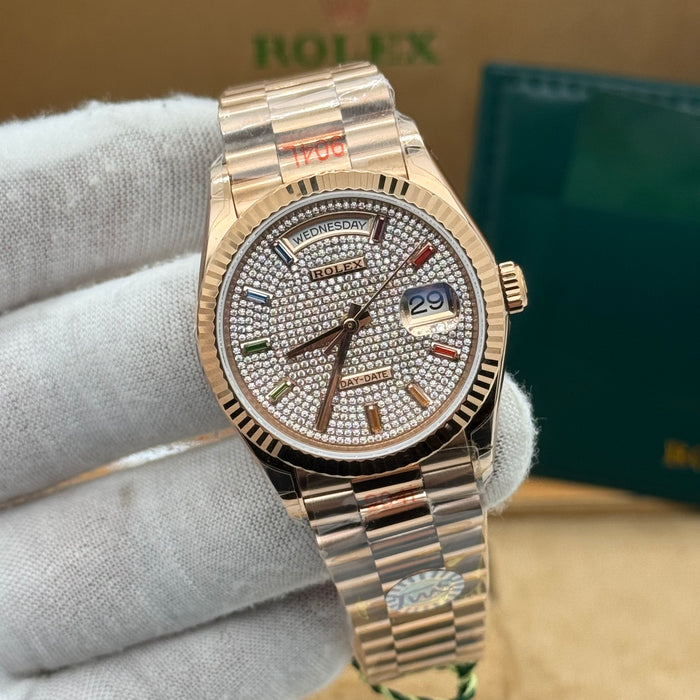 Rolex Day-Date Rose Gold Watch – Full Diamond Pavé Dial – Rainbow Markers