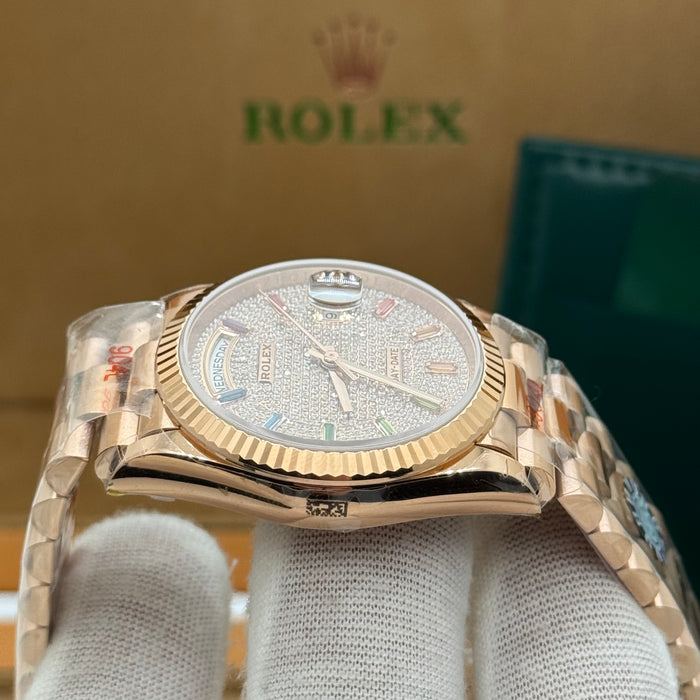 Rolex Day-Date Rose Gold Watch – Full Diamond Pavé Dial – Rainbow Markers