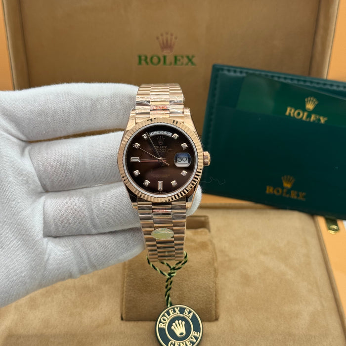 Rolex Day-Date 36MM– Rose Gold Presidential, Black Gradient Dial & Diamond-Style Markers