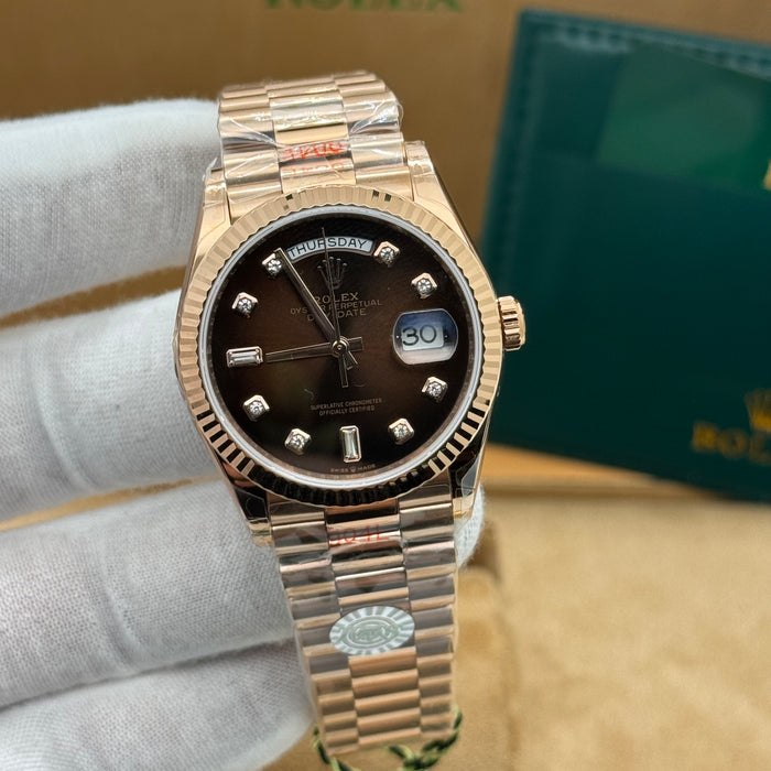 Rolex Day-Date 36MM– Rose Gold Presidential, Black Gradient Dial & Diamond-Style Markers