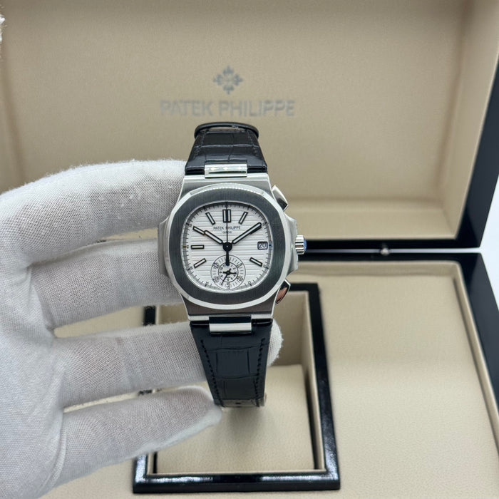 Patek Philippe Nautilus-Inspired Automatic Watch – Swiss Super Clone – White Dial (Leather Strap)