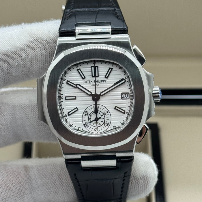 Patek Philippe Nautilus-Inspired Automatic Watch – Swiss Super Clone – White Dial (Leather Strap)